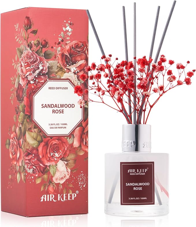 Reed Diffuser Set,3.38 fl oz (100 ml) - Sandalwood Rose Oil Diffusers with 8 Reed Sticks,Home Fragrance Reed Diffuser for Bathroom Shelf Decor