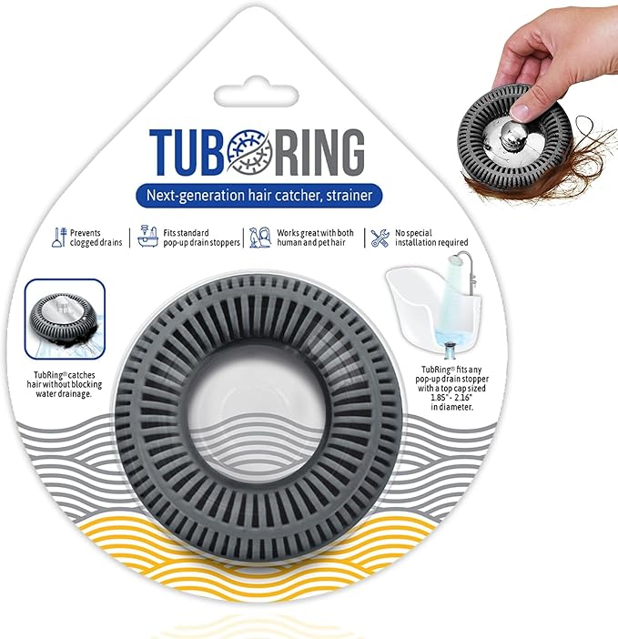 TubRing Pop-Up Drain Protector & Strainer Silicone Hair Catcher, Dark Gray | Easy snap-in design fits around bathtub stoppers. Customizable utility guard for clog prevention. Fits 1.85"- 2.16" drains.