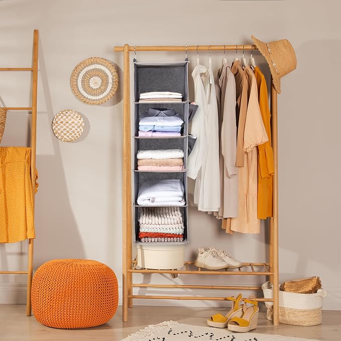 BOOMIBOO Hanging Closet Organize and Shelves,5-Hanging Shelf（Red） | with 2 Side Pockets，Storage Foldable