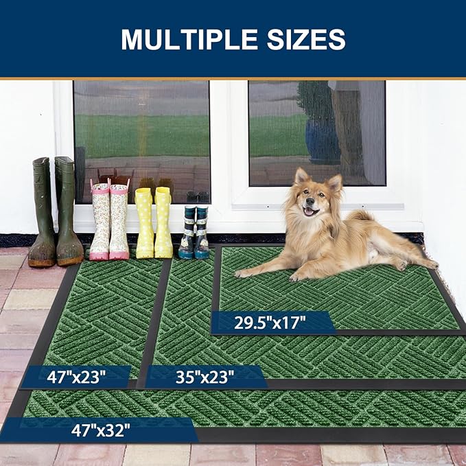 Smiry Front Door Mat Outside Entrance, Heavy Duty Outdoor Indoor Natural Rubber Doormat, Non Slip, Trap Dirt and Moisture, Easy Clean, Low Profile Patio Porch Entryway Mat, 59x23, Green