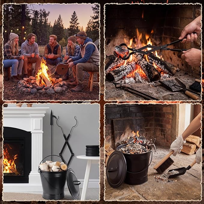 Patelai 7 Pcs Heavy Duty Fireplace Tool with 1.5gl Metal Ash Bucket with Lid Shovel Broom Wood Fire Pit Bellows 32" Long Fire Poker 26" Fireplace Tong, Glove(Slender)