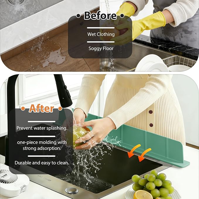 28Inch Silicone Sink Splash Guard with Strong Suction Cups, Flexible Kitchen Sink Splash Guard for Front of Sink, Easy to Clean Splash Guard for Kitchen & Bathroom (Green, 28''x2.8'')