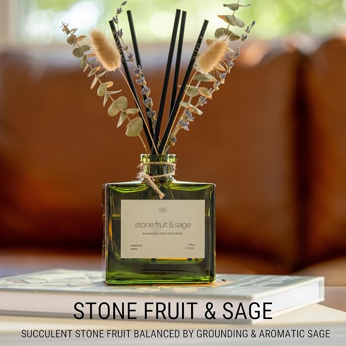 Craft & Kin Reed Diffuser with Dried Flowers | 5 oz Stone Fruit & Sage Scented Holiday Reed Diffusers for Home, Bathroom | Scent Sticks | Elegant Fragrance Home Decor for Men & Women