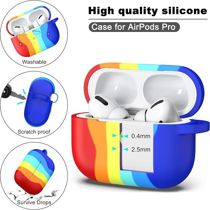 R-fun for AirPods Pro 2 Case, Soft Silicone Protective Cover with Keychain and Cleaning Pen, Compatible with AirPods Pro 2nd/1st Generation, Supports Wireless Charging, Rainbow