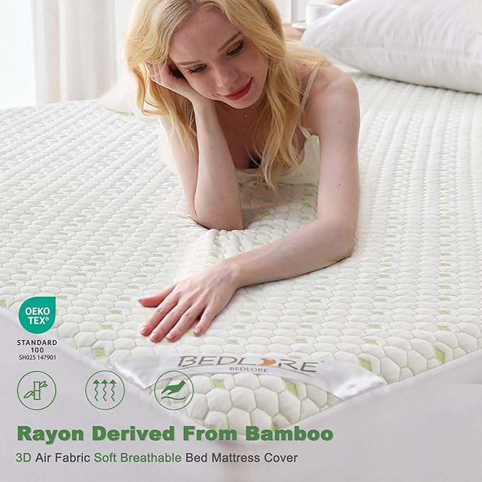 Waterproof Mattress Protector, Queen Size Mattress Pad Fitted 6"-18" Deep Pocket, 3D Air Fabric Breathable Bed Mattress Cover Noiseless Washable for Home, Bedroom, Hotel