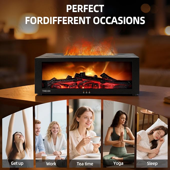 TMEHM Fireplace Flame Essential Oil Diffuser Humidifier, Aromatherapy | Ultrasonic Mist with 7 Colors and Timer for Home, Bedroom, Office, and Yoga