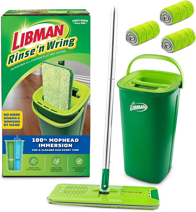 Libman Rinse 'n Wring Mop and Bucket System | Microfiber Floor Mop | Hardwood Floor Cleaner | Wet & Dry Mop | Clean & Dirty Water Chambers | Power Blades | 4 Total Microfiber Pads