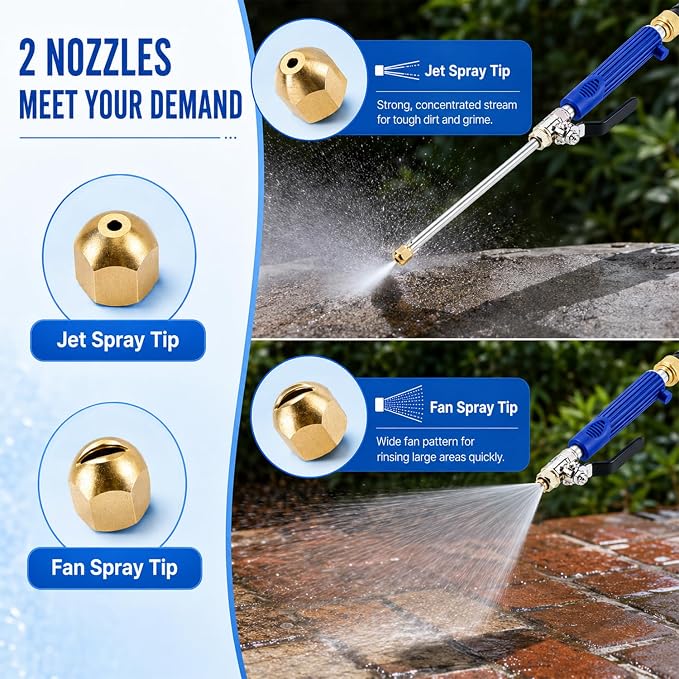 High Pressure Hose Nozzle, 2‑in‑1 Metal Water Jet Nozzle, High Pressure Power Washer Wand with 2 Different Tips, Quick Connectors for Cars, Patios, Decks & Outdoor Cleaning (Blue)