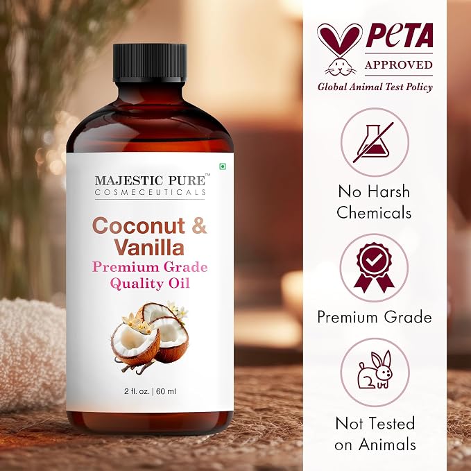 Majestic Pure Coconut Vanilla Essential Oil for Diffuser - 2 Fl Oz | 100% Pure & Natural Essentials Oils for aromatherapy, massage blends and DIY home fragrance projects, Massage and room sprays