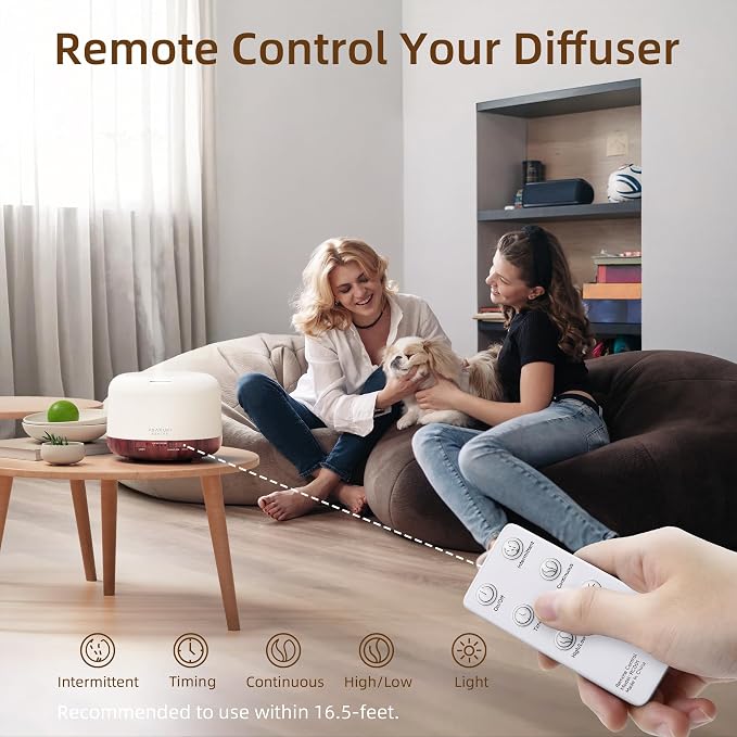 ASAKUKI Essential Oil Diffuser for Home, 500ML Aromatherapy Humidifier | with Remote Control, 7 Color LED Lights, Quiet Cool Mist Diffuser for Bedroom, Living Room, Office (Reddish-Brown)