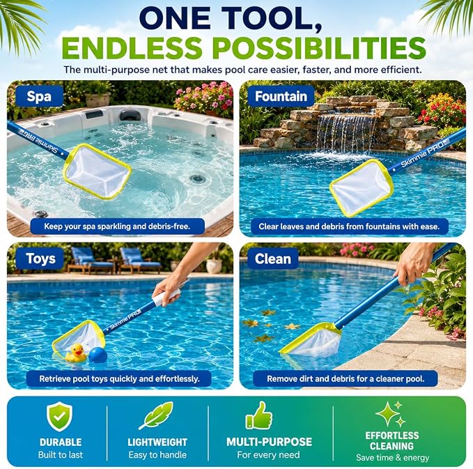 Skimmie Pro (Short Version) 22.5” Pool Skimmer: Lightweight, Fine Mesh Net, & Stainless Steel Hook – Ideal for In-Ground/Above-Ground Pools, Fountains, Ponds, Hot Tubs, & Cold Plunges
