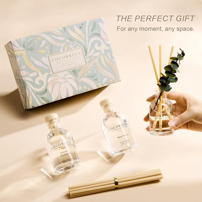 Reed Diffuser Set of 3 with Dried Eucalyptus for Home & Office | Lavender Eucalyptus/Black Forest/Clean Cotton Scents, Aromatherapy Scented Oil Diffusers, 1.7 oz Each, Total 5.1 oz