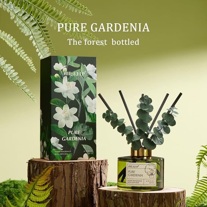 Reed Diffuser Set with 6.76 fl oz Pure Gardenia Scent Essential Oils and 3 Leaves & 8 Diffuser Sticks,Bathroom Shelf Decor & Air Freshener, House Bedroom Office Decor & Gifts
