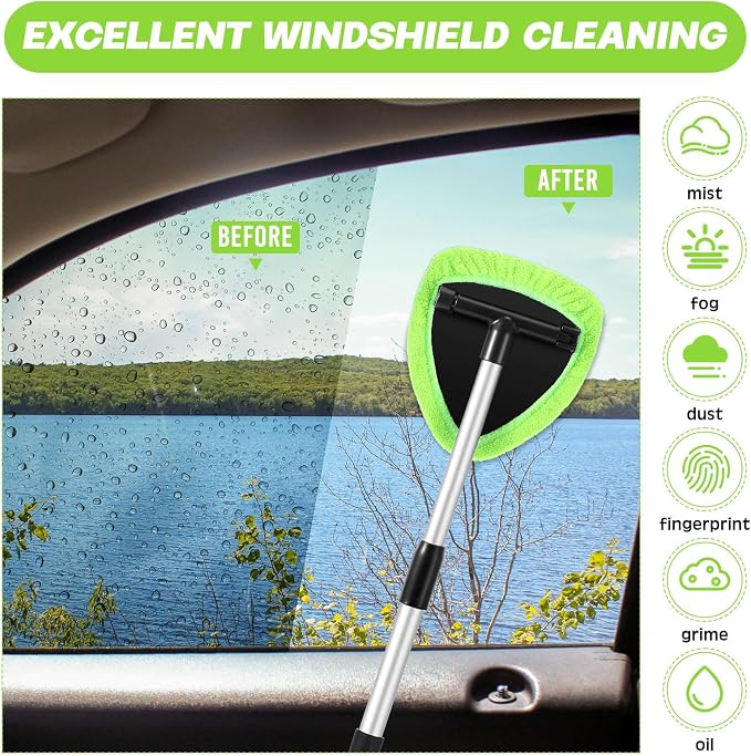 Potchen 8pcs Car Windshield Cleaner Tool with Extendable Handle, Green | with Microfiber Towel Pads, Brush, Empty Spray Bottle, Car Window Cleaner for Auto Glass Wiper Suvs Rvs & Home Windows