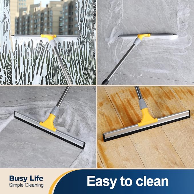 Yocada Rubber Floor Squeegee 17.7" TPR Blade Scrubber Broom 61.8inch Pole | Household Broom for Garage Courtyard Shower Bathroom Floor Marble Glass Tile Water Foam Pet Hair Removal Cleaning