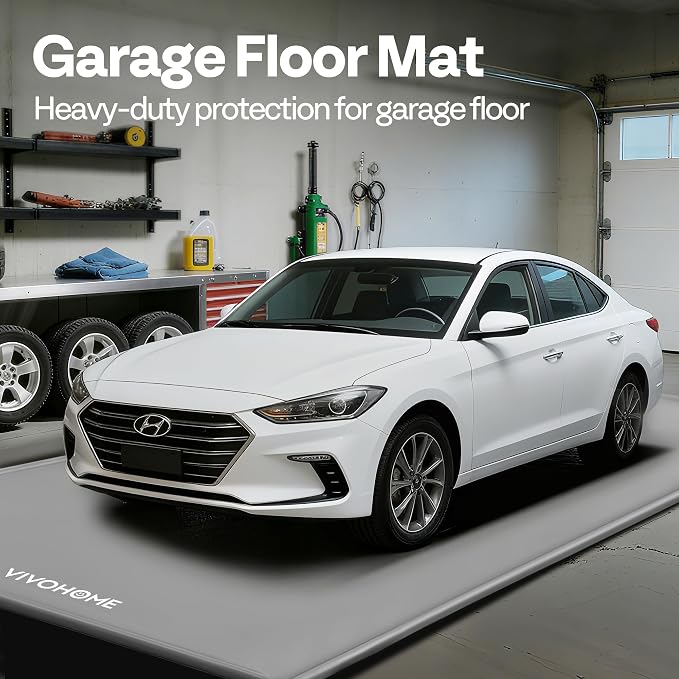 VIVOHOME Containment Mat (7'9" x 18') with Stay Put Corner, Gray | PVC Garage Floor Mats, Heavy Duty Garage Parking Mat with a Squeegee