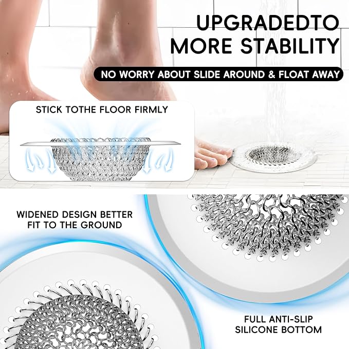 wokdada Drain Hair Catcher: for Bathtub & Shower (Fast Drainage), Reversible 304 Stainless Steel Protector. Fits Pop-Up & Regular Bathroom Drains (Silvery White)