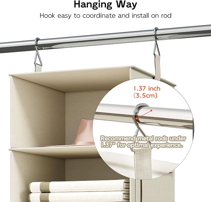 Vailando 6-Shelf Hanging Closet Organizer with 3 Fabric Drawers, Beige | Removable Fabric Drawers, Side Pockets, Reinforced Structure, Space-Saving Storage for Clothes, Nursery and Dorm Rooms