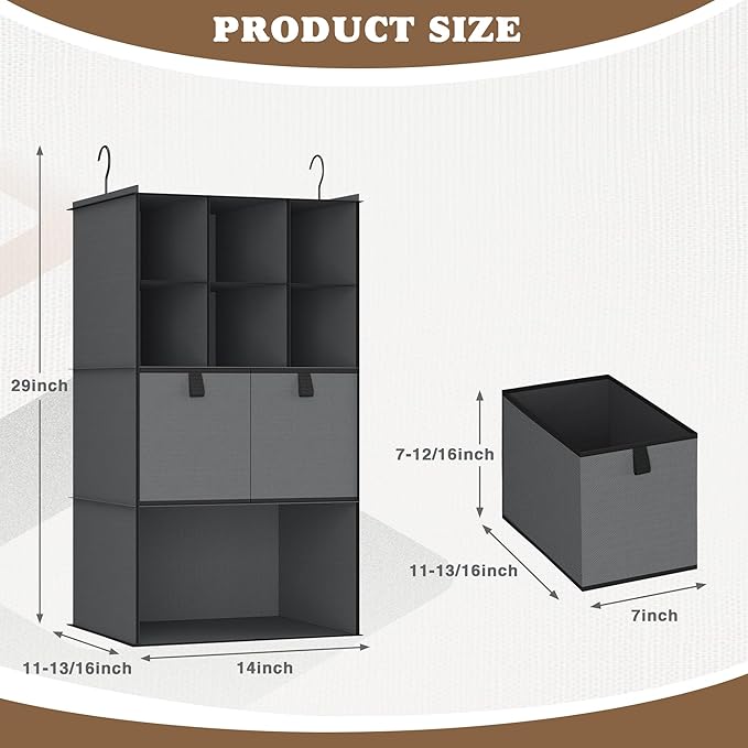 Hanging Closet Organizer 4 Shelves, 2 Drawers Closet Organization and Storage, 6 Compartments Wardrobe Clothes Organizer, Dark Gray
