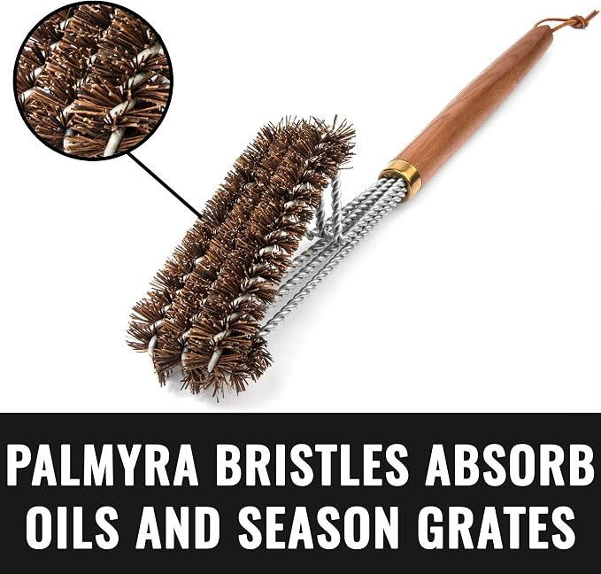 Natural Palmyra Fiber Bristle Grill Brush with Wooden Handle | All Natural | Non-Metal Bristles | Naturally Season Grill Grates