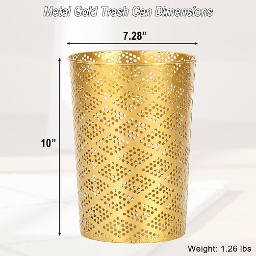 Metal Gold Trash Can, Modern Cylindrical Waste Bin for Small Spaces | 7.28" D x 10" H Luxury Gold Garbage Can | Metal Waste Basket for Office Bathroom Bedroom Decor | Modern Home Accent