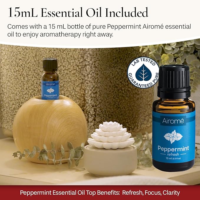 White Succulent, Porcelain Passive Essential Oil Diffuser (with 15ml Peppermint Essential Oil) – Non-Electric, Battery-Free, Improves Sleep, and Relieves Stress