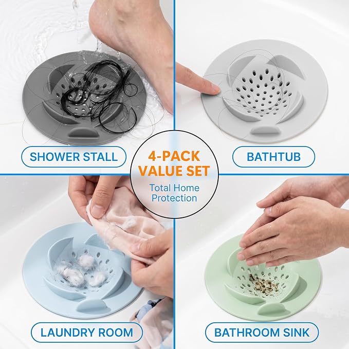 Li&Zhao 4 Pack Sink Drain Strainer Set – Vortex-Flow Silicone Bathroom Sink Strainer for Kitchen and Bathroom Drains, Universal Anti-Clog Hair Catcher and Food Trap, Fits Most Standard Sinks