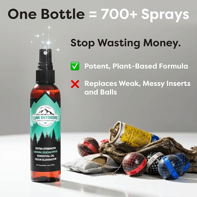 Lumi Outdoors Natural Shoe Deodorizer Spray - Odor Eliminator | Destroys Stubborn Shoe Smells at the Source - 700+ Sprays - Sneakers, Work Boots, Cleats & Gym Bags - Lemon Eucalyptus Scent