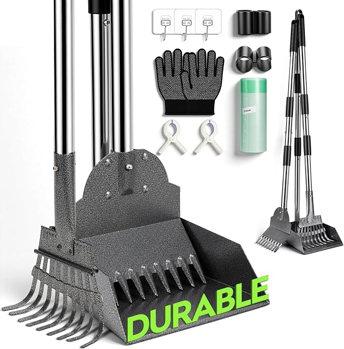 Pooper Scooper，Long Handle Dog Pooper Scooper，No More Bending , Easy to use | Easy to install,Upgraded Toothed Scooper，Free Extension Pole， Ideal for Yard, Lawn, Dirt & Gravel Ground，for Small-Medium Dog