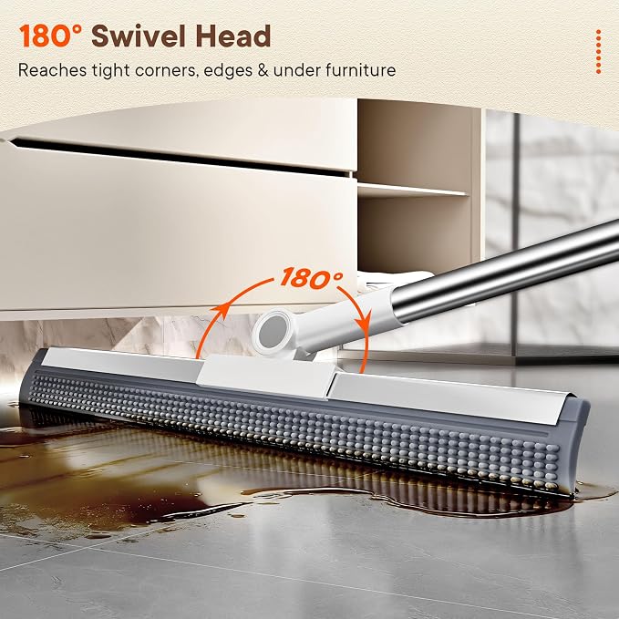 2-in-1 Floor Squeegee Broom, 180-Degree Head, 2 Microfiber Pads | 62-Inch Long Handle for Water Removal and Pet Hair on Tile and Concrete in Bathrooms, Kitchens, Showers, Garages and Patios