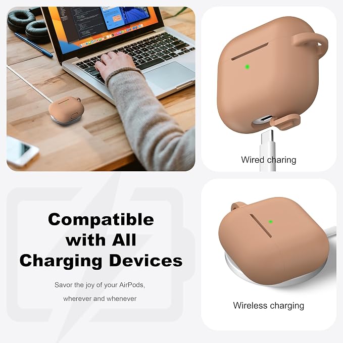 R-fun Compatible with AirPods 3 Case Cover, Silicone Protective Accessories Skin with Keychain Compatible with Apple AirPod 3rd Generation 2021 for Women Men Girls Boys,Front LED Visible,Milk Tea