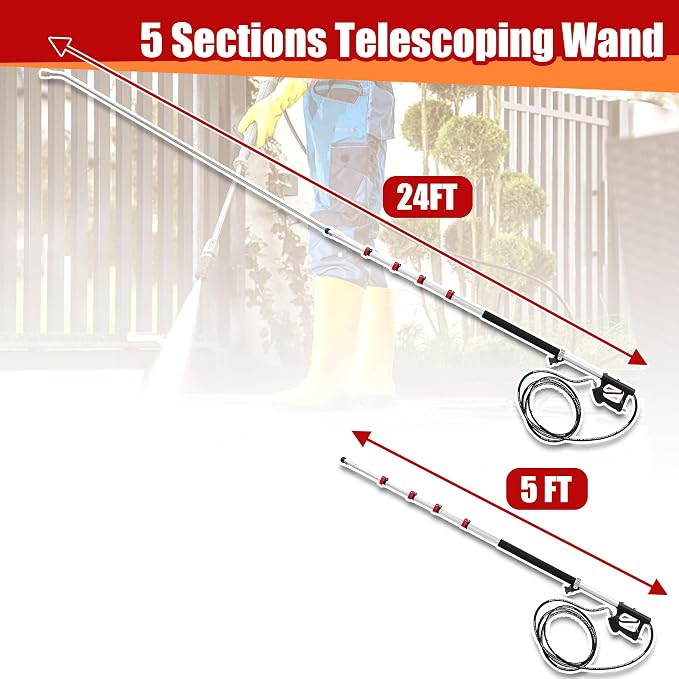 24 FT Telescoping Pressure Washer Wand, with 3 Curve Wands | Telescopic Gutter Cleaner With 7 Spray Nozzle Tips, Adjustable Support Belt and 2 Adapters, 4000 PSI