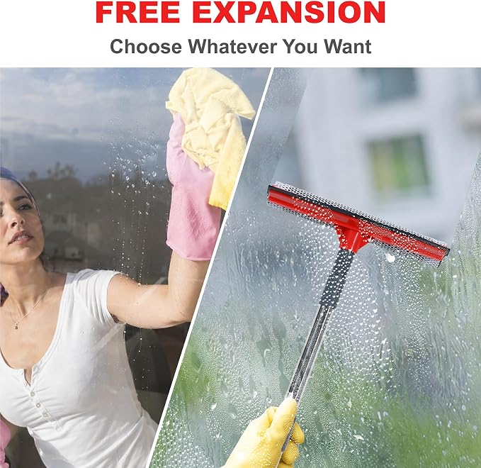 Window Squeegee with 19-37" Long Handle, 2-in-1 Squeegee Cleaner Tool, Retractable Stainless Steel Handle for Car Windshield, Shower Glass, Glass Doors, Outdoor Windows, High Windows