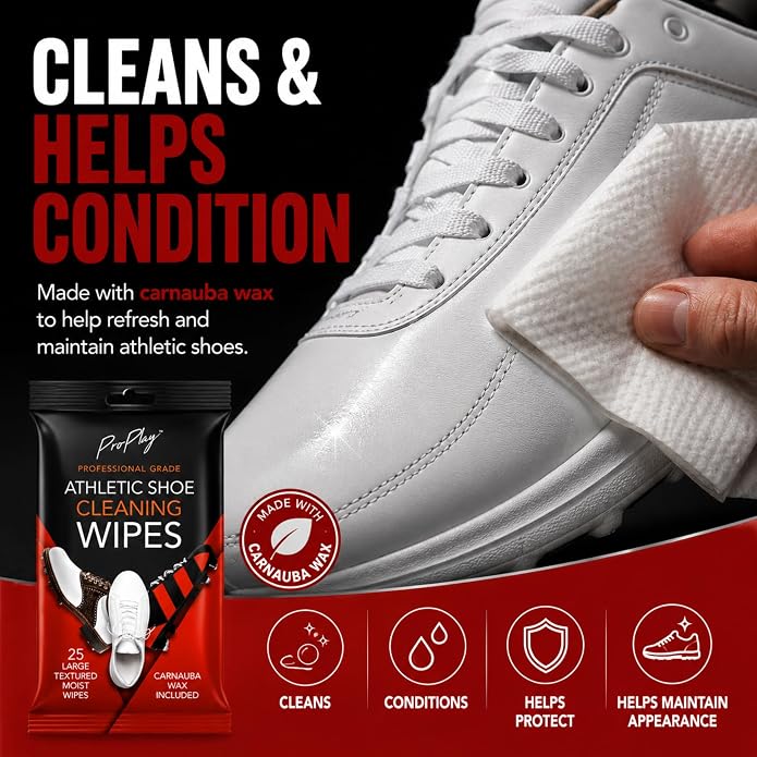 ProPlay Athletic Shoe Cleaning Wipes | Carnauba Wax Included | Repels Water from Shoes | Removes Dirt, Grass, and Sand