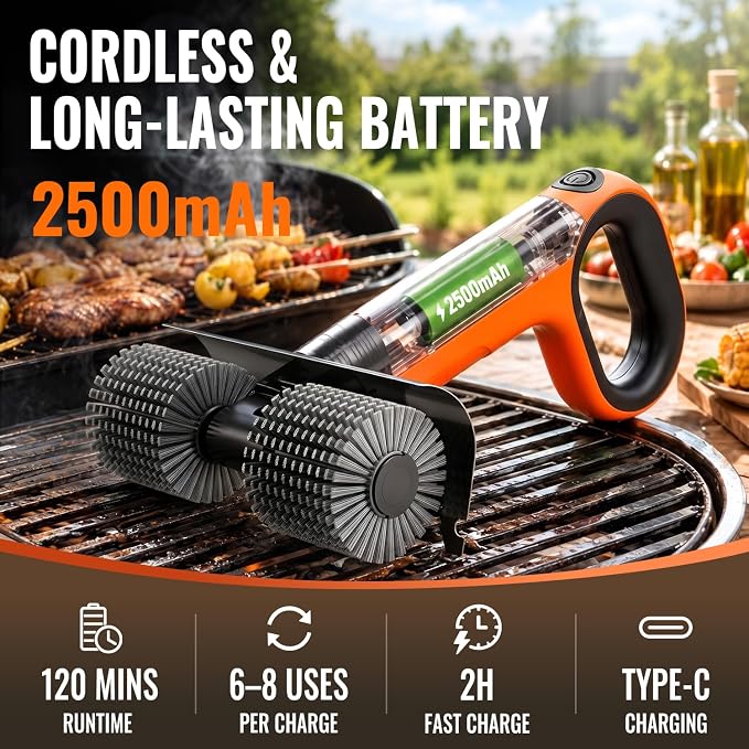 Electric Grill Brush - Dual Rotating Heads Cordless BBQ Grill Cleaner, 450 RPM Motorized Power Grill Cleaning Brush with LED Light, 6-Piece Replaceable Brush Set Safe for Most Outdoor Grill Grates