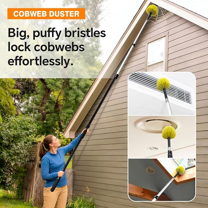 4-in-1 4-12Ft 4-Stage Telescoping Extension Pole Kit for Cleaning | Feather Dusters with Bristles for Outdoor Indoor, 4-Stage Spider Web Remover with Telescopic Pole for Ceiling Wall Yellow