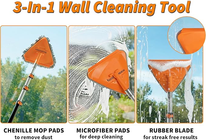 4-12 ft Wall Cleaner Tool with Extension Pole for Baseboards and Walls | 3-in-1 Wall Washer Mop for Painted Walls, Windows and High Ceilings // Long Handle Cleaning Mop with 4 Replacement Pads