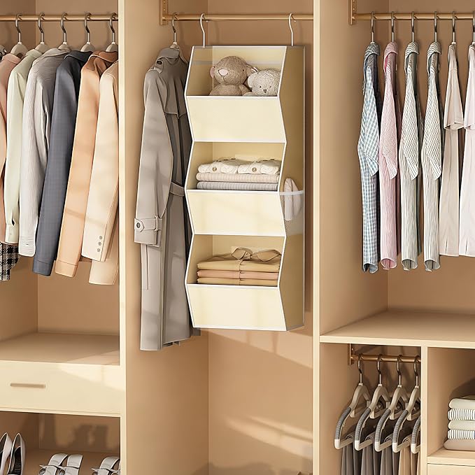 Hanging Closet Organizers and Storage for Kids Room Organization, 3 Tiers | Hanging Closet Shelves for Underwear Swimsuit Storage, Hanging RV Closet Organizers and Storage Camper Closet Organizer Beige