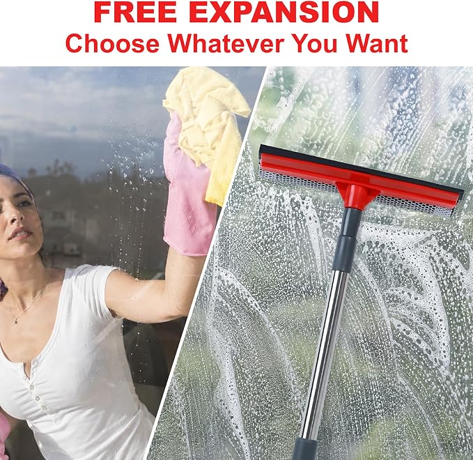 Window Squeegee with 19-37" Long Handle, 2 in 1 Window Cleaner Tool with TPR Squeegee&Sponge for Car Windshield, Shower Glass, Glass Doors, Outdoor Windows, High Windows