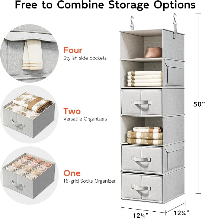 6-Shelf Hanging Closet Organizer with 3 Fabric Drawers, Silver Gray | Removable Fabric Drawers, Side Pockets, Reinforced Structure, Space-Saving Storage for Clothes, Nursery and Dorm Rooms