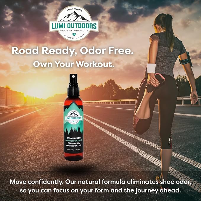 Lumi Outdoors Natural Shoe Deodorizer Spray - Odor Eliminator | Destroys Stubborn Shoe Smells at the Source - 700+ Sprays - Sneakers, Work Boots, Cleats & Gym Bags - Lemon Eucalyptus Scent