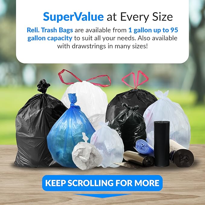 Reli. Premium 50 Gallon Trash Bags | 200 Count | Made in USA | Heavy Duty | Bulk | SuperValue | Clear Multi-Use Garbage Bags