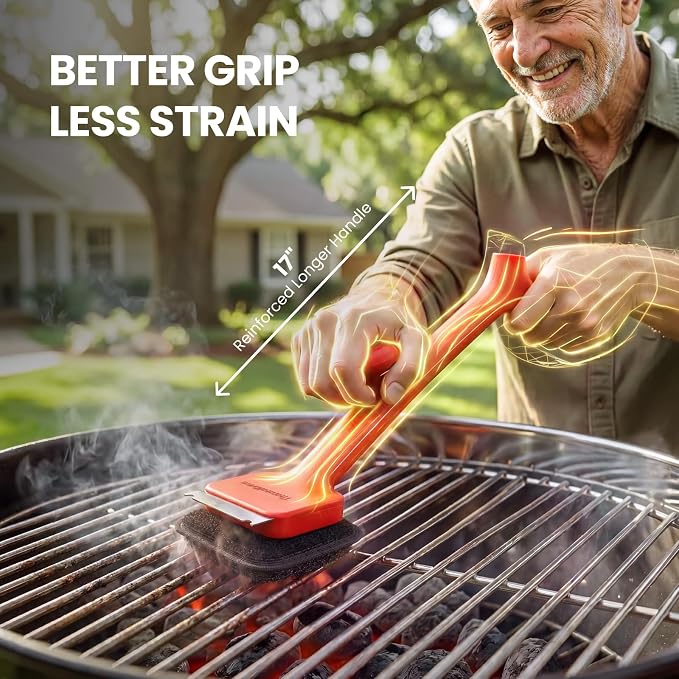 ThermoMaven Bristle-Free BBQ Grill Brush - No Wire Risk Steam Cleaner Removes Burnt Grease Fast - 17" Cool-Touch Handle, Scraper & 3 Replaceable Heads for Gas, Charcoal & Cast Iron