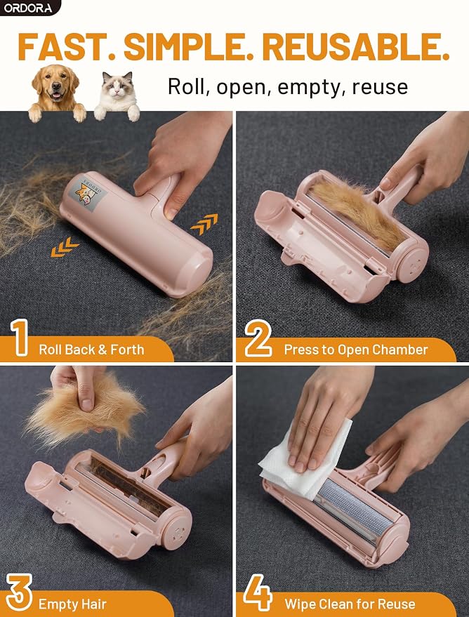 ORDORA Pet Hair Remover Roller, Reusable Lint Roller for Dog and Cat Hair | Portable Pet Hair Roller with Large Fur Bin for Couches, Bedding, Car, Rugs & Furniture, No Refills or Batteries, Pet Homes