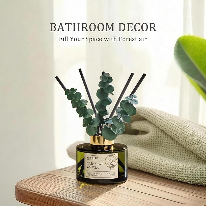 Reed Diffuser Set with 6.76 fl oz Cashmere Vanilla Scent Essential Oils and 3 Leaves & 8 Diffuser Sticks,Bathroom Shelf Decor & Air Freshener, House Bedroom Office Decor & Gifts