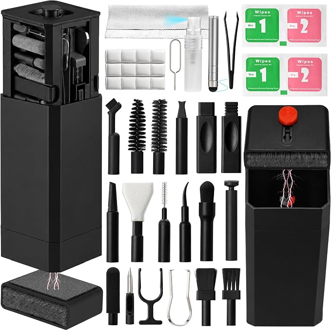 Upgrade Phone Cleaning Kit 47PCS, iPhone Cleaning Kit, Airbud AirPods Cleaning Kit, Keyboard, Charging Port Cleaner for Apple Lightning/Android USB-C - Includes Putty, Cloth & Wipes (Black)