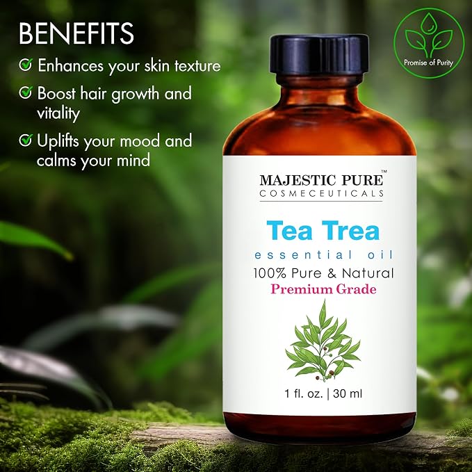 Majestic Pure Tea Tree Essential Oil for Diffuser - 1 Fl Oz | 100% Natural Essentials Oils for Aromatherapy, Massage, Steam inhalation, Air Freshing, Soap and Candle Making