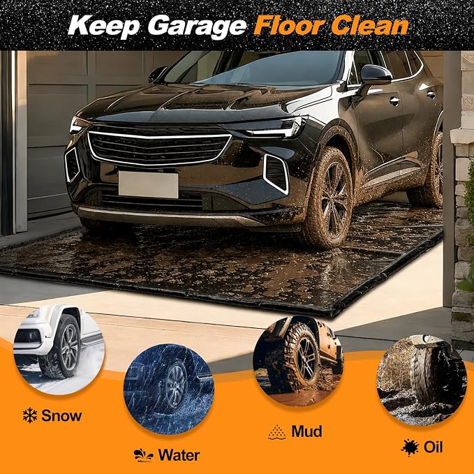 8'6" x 22' PVC Waterproof Garage Floor Mat with Floor Squeegee | Heavy Duty 1300D PVC Containment Mat, Waterproof Protection from Snow, Rain and Mud for Cars