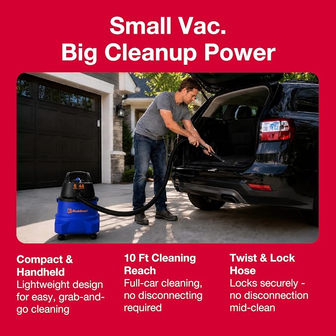 Koblenz WD-6 L212 Wet Dry Vacuum Cleaner, 6 Gallon | 3-in-1 Suction & Blower, 16 ft Reach, Big Cleaner for Car, Shop Vacuum Wet and Dry, Swivel Casters, Black/Blue