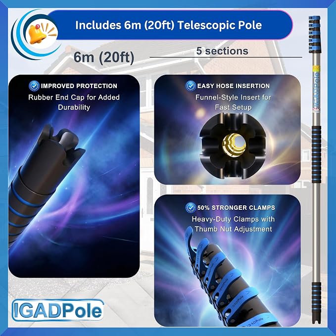 IGADPole 20 FT Water-Fed Cleaning Kit – Extendable Telescopic Pole with Soap-Dispenser, Brush & Cobweb Duster, Adjustable 5-20 FT Handle for Safe High Window, Gutter, Solar Panel & Exterior Cleaning